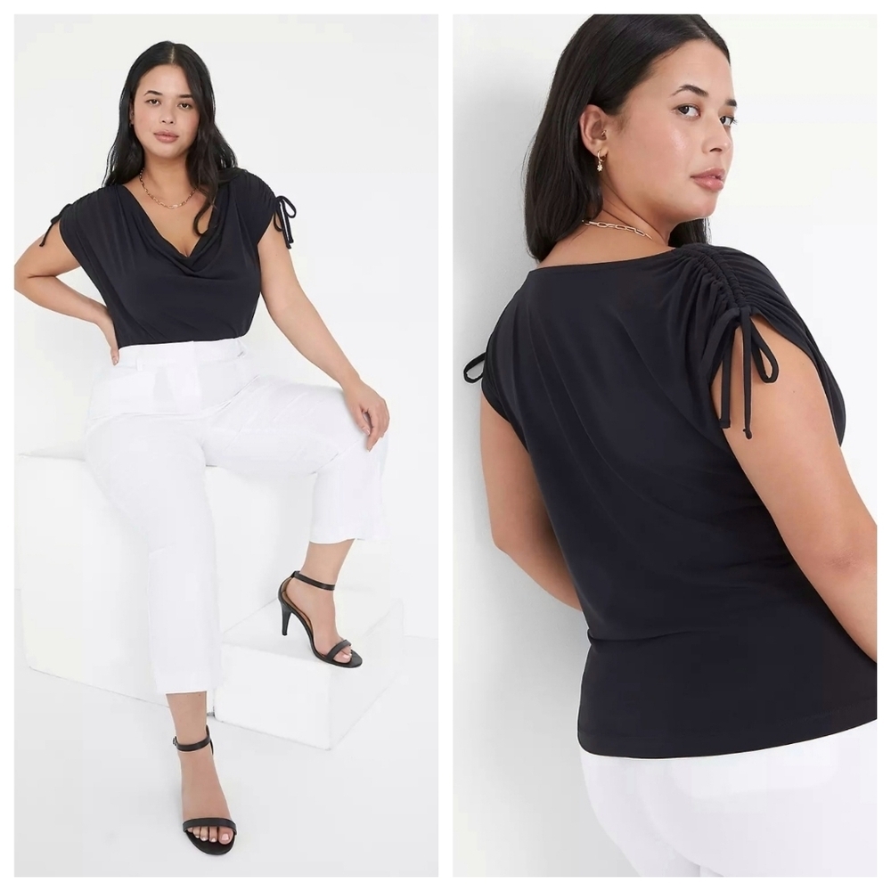 Lane Bryant Drawcord Cap Sleeve Tank Size 26/28 Black Cowlneck Blouse Pullover